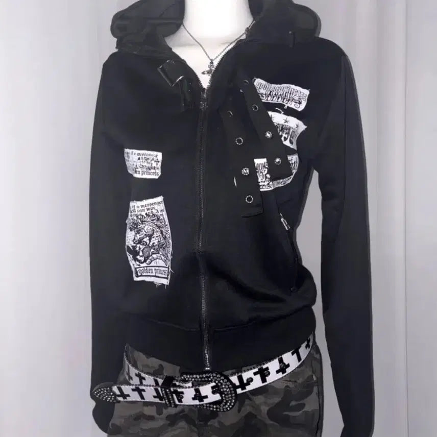 [BUNJANG] Misa Black Skull Punk Zip-Up Hoodie / 미사 블랙 해골 펑크 후드집업