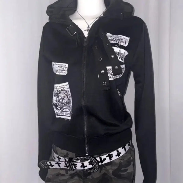 [BUNJANG] Misa Black Skull Punk Zip-Up Hoodie / 미사 블랙 해골 펑크 후드집업