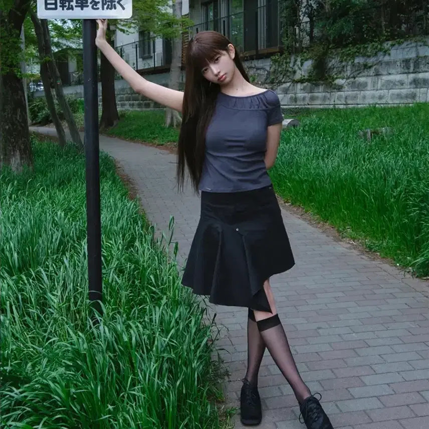 [BUNJANG] Miseki Sheer Shirring Layered Top T-Shirt - Black / 미세키 Sheer shirring layered top 티셔츠 새상품 블랙