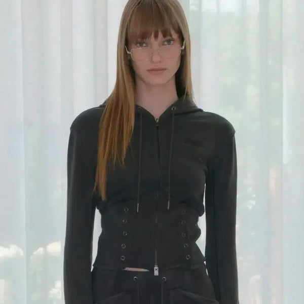 [BUNJANG] Ordinary Holiday Pigment Corset Jumper Hoodie Zip-Up Charcoal / 오디너리 홀리데이 피그먼트 코르셋 점퍼 후드 집업 챠콜