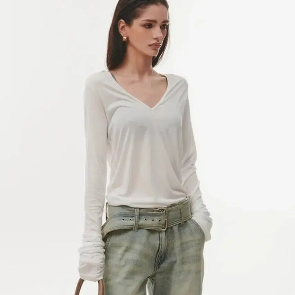 [BUNJANG] Project Wave See-through Deep V-neck Long Sleeve T-shirt Karina / 프로젝트웨이브 시스루 딥 브이넥 롱 슬리브 티셔츠 카리나
