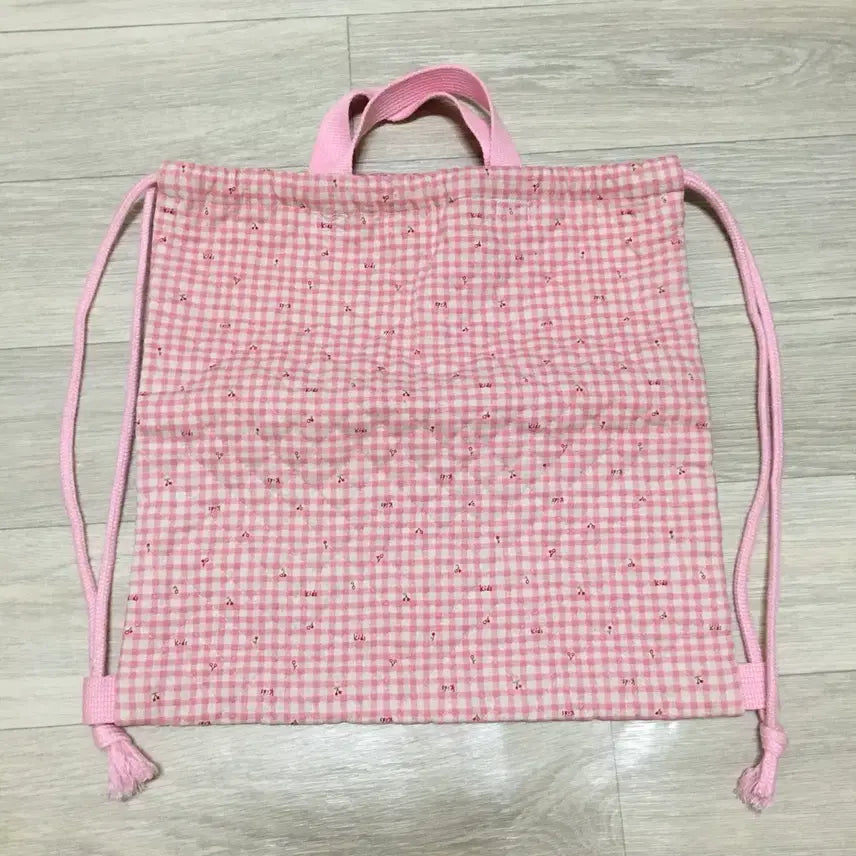 [BUNJANG] Japanese Vintage Cherry Pattern Pink Check Strap Bag / 일본풍 빈티지 백 체리 패턴 핑크 체크 끈 가방