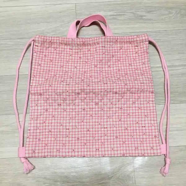 [BUNJANG] Japanese Vintage Cherry Pattern Pink Check Strap Bag / 일본풍 빈티지 백 체리 패턴 핑크 체크 끈 가방