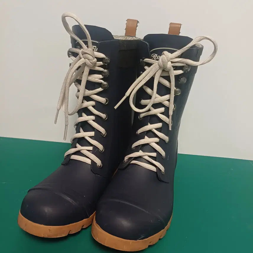 [BUNJANG] Rockfish Weatherwear Lace-Up Mid Rain Boots (Navy/Tan) / [UK4 / 235-240] 락피쉬 레이스업 미드 레인부츠 (네이비/탄)