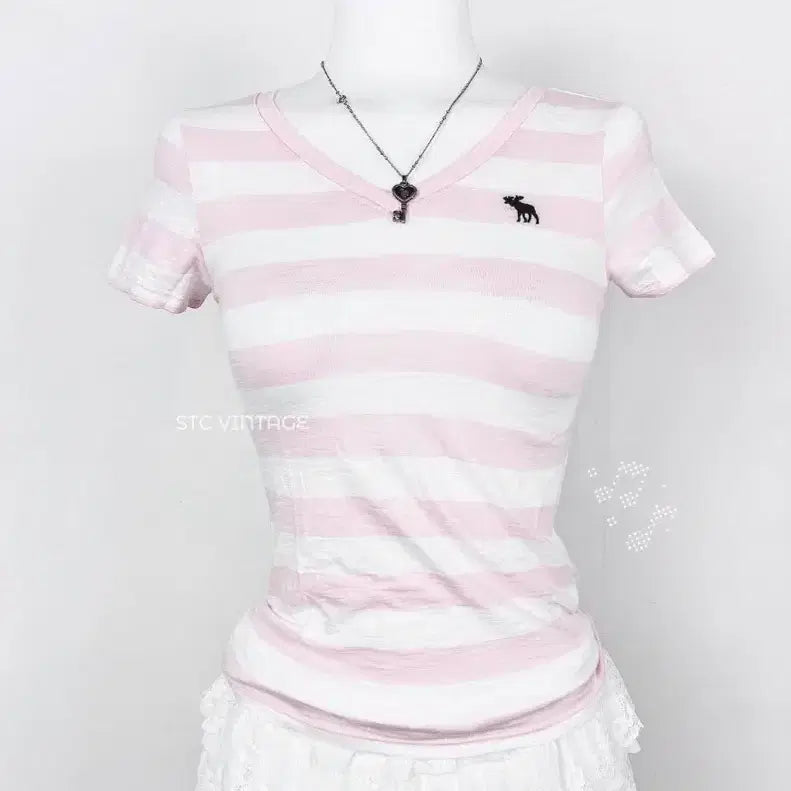 [BUNJANG] Abercrombie & Fitch Striped Short Sleeve T-Shirt Pink / 아베크롬비 앤 피치 스트라이프 반팔 티셔츠 핑크 stc빈티지 히메갸루