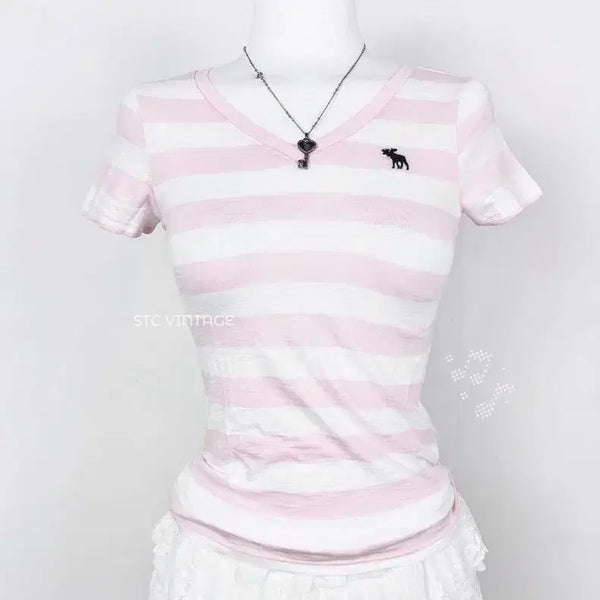 [BUNJANG] Abercrombie & Fitch Striped Short Sleeve T-Shirt Pink / 아베크롬비 앤 피치 스트라이프 반팔 티셔츠 핑크 stc빈티지 히메갸루
