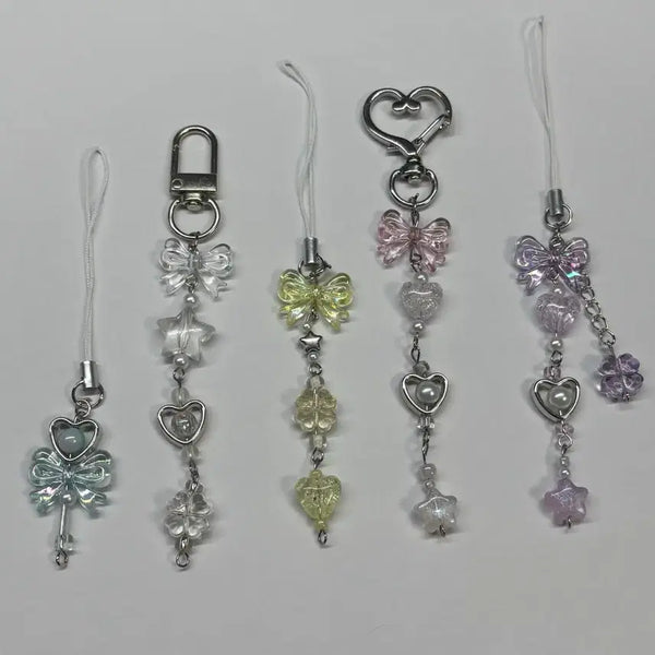 [BUNJANG] Heart Ribbon Magic Wand Four-Leaf Clover Lucky Charm Beaded Keychain / 모든 색 변경 가능) 하트 리본 요술봉 네잎클로버 행운 비즈 키링 판매