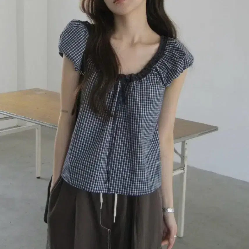 [BUNJANG] Check Ribbon Blouse / 체크 리본 블라우스