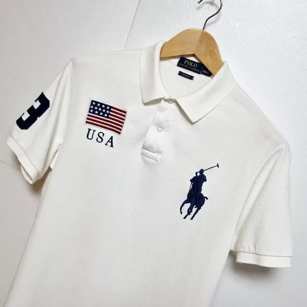 [BUNJANG] Polo Ralph Lauren Men's Rare Big Pony Chief Keeper USA Flag Short Sleeve Polo Shirt / 남성 레어 폴로 빅포니 치프키프 USA 미국 성조기 반팔 카라 티 흰색