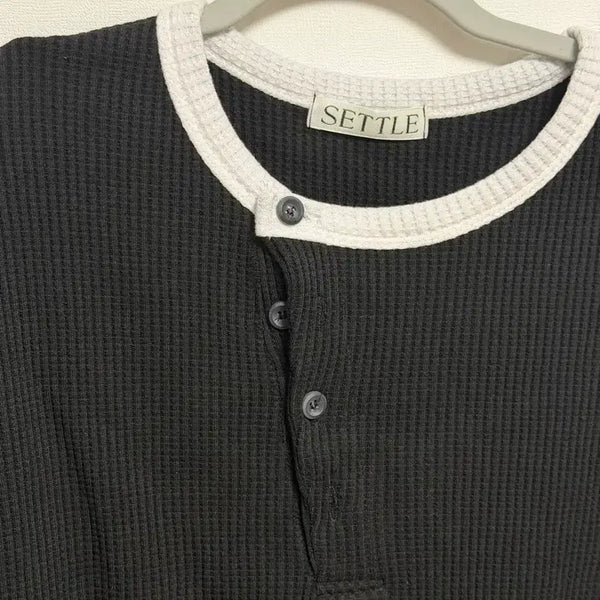 [BUNJANG] SETTLE Waffle Henry Neck T-Shirt Black / 와플니트 블랙