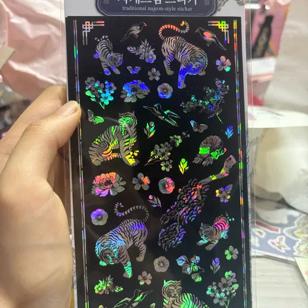 [BUNJANG] Daiso New Traditional Series Mother-of-Pearl Tiger Stickers (4 Sheets) / 신상)다이소 전통시리즈 자개느낌 호랑이 스티커 4매