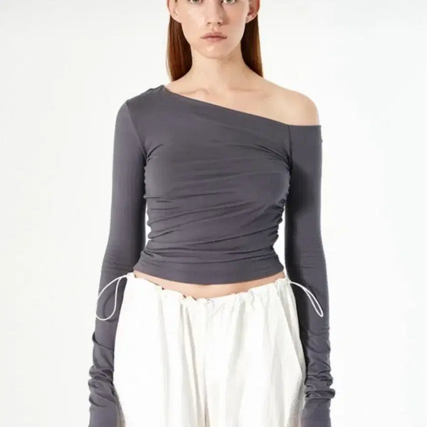 [BUNJANG] Diagonal One Shoulder Soft Tee Charcoal / 다이애그널 one shoulder soft tee