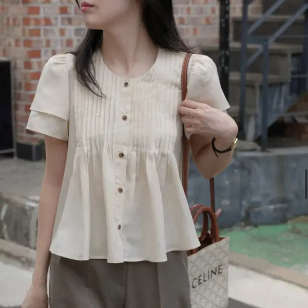[BUNJANG] Nuarte Moria Pleated Button Blouse (Warm Beige) / 누아르테 모리아 플리티드 버튼 블라우스 (웜베이지)