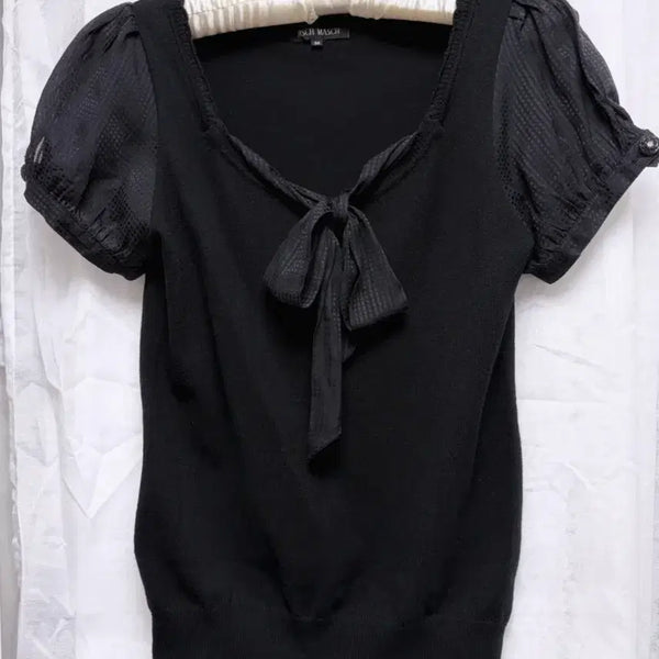 [BUNJANG] Gothic Black Ribbon Short-Sleeve Puff-Sleeve T-Shirt / 공겜여주 고딕 블랙 리본 반팔 로걀탑 오네갸루 히메갸루 stc 빈티지