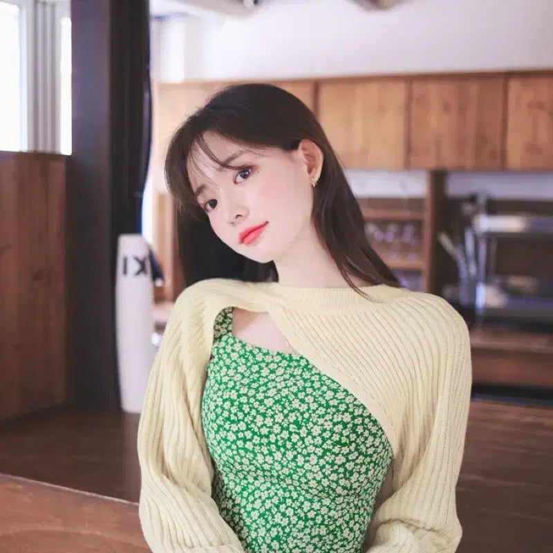 [BUNJANG] Milkcocoa Green Flower Square Neck Long Dress with Bolero Set / 밀크코코아 그린 플라워 스퀘어넥 롱 원피스 트임 볼레로 세트