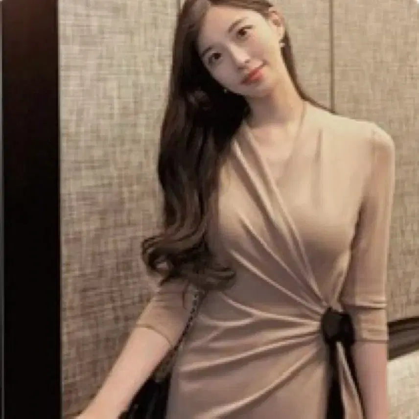 [BUNJANG] MilkCocoa Wrap Beige Ribbon Midi Dress / 밀크코코아 랩 베이지 리본 블랙 원피스