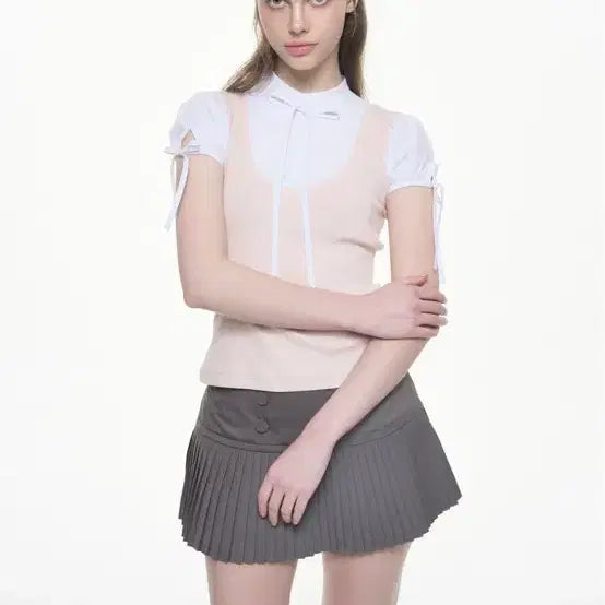 [BUNJANG] Whispery Preppy Layered Tie Blouse - Pink / 위스페어리 프렙 레이어드 타이 블라우스 핑크