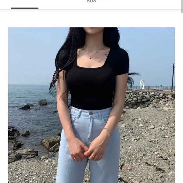 [BUNJANG] Black Square Neck Short Sleeve T-Shirt / 블랙 스퀘어넥 반팔 티셔츠