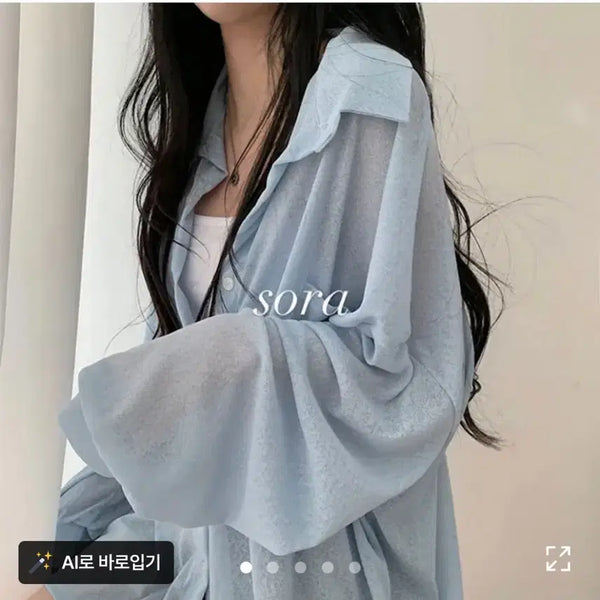 [BUNJANG] Sheer Collar Long Shirt Summer Outerwear / 시스루 카라 롱셔츠 여름아우터 여리셔츠