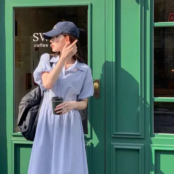 [BUNJANG] MilkCocoa Striped Wrap Dress with Ribbon and Balloon Sleeves / 밀크코코아 스트라이프 셔츠 원피스 랩 리본 벌룬 원피스