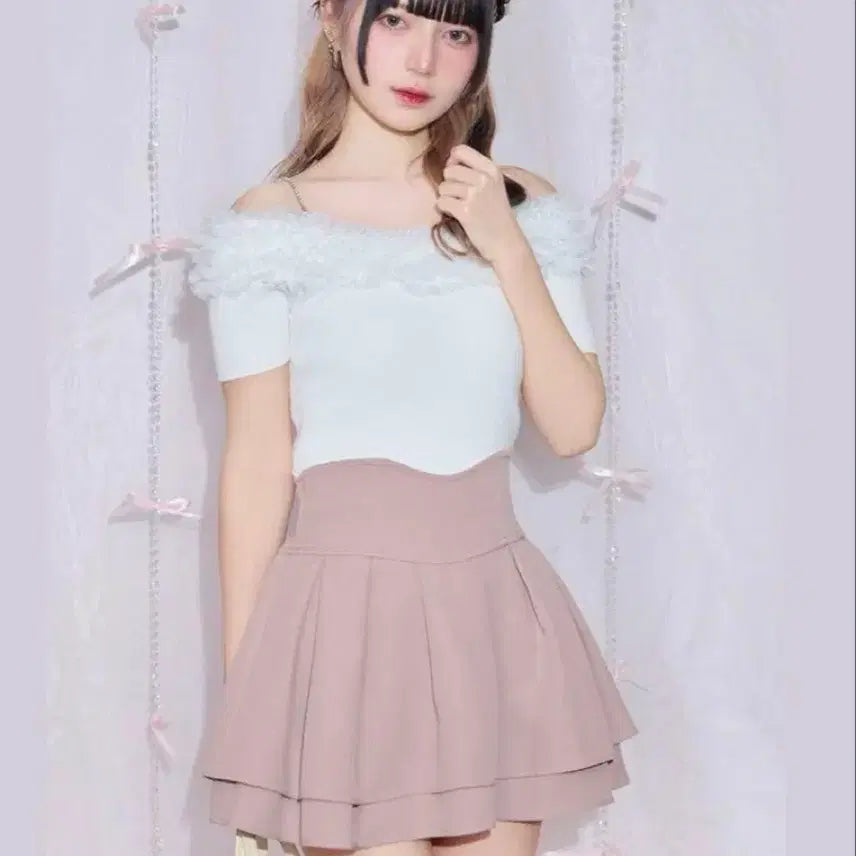 [BUNJANG] Michelle Macaron Off-Shoulder Frill Lace Knit Blouse / 미셸마카롱 오프숄더 프릴 레이스 샤 블라우스 니트 양산형