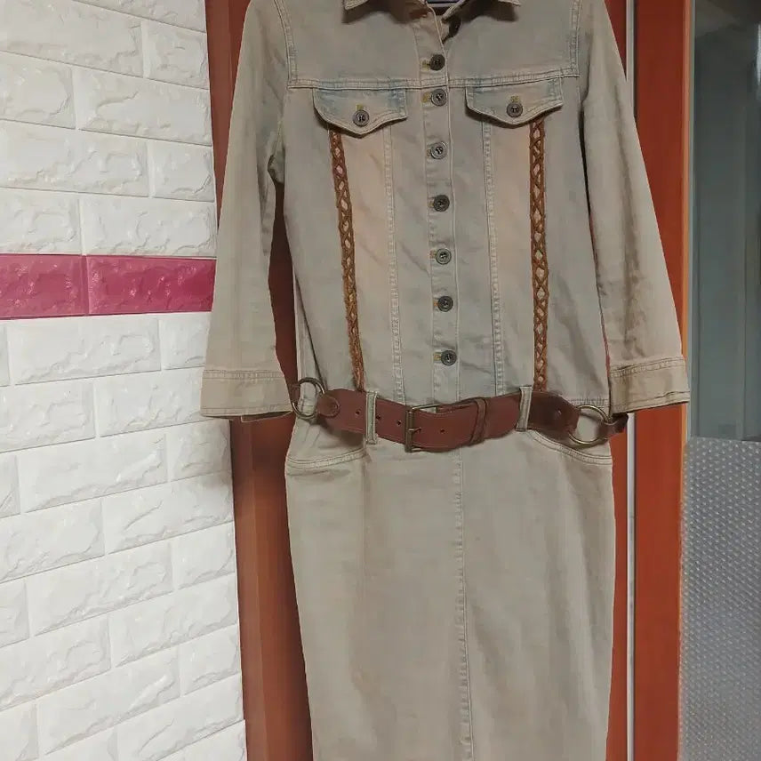 [BUNJANG] Denim Dress Belt Set Beige / 데님 원피스 벨트 세트 베이지
