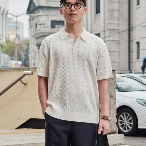 [BUNJANG] STCO Collar Short Sleeve Knit - Beige (L) / STCO 카라 반팔 니트 L