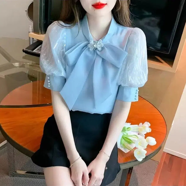 [BUNJANG] Sky Blue Ribbon Blouse / 리본 블라우스 스카이블루(새것)