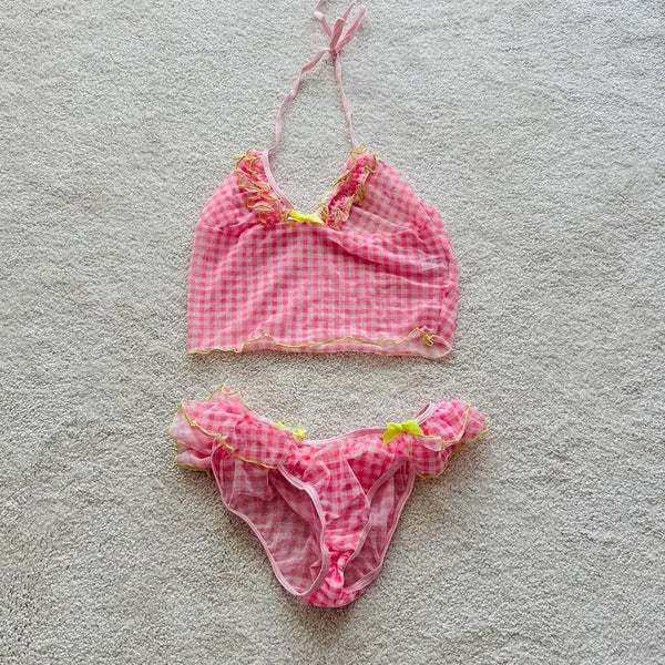 [BUNJANG] Leg Avenue Pink Gingham Check Mesh Lingerie Set / 핑크 깅엄 체크 투피스 란제리 세트 레그애비뉴