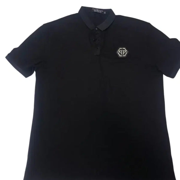 [BUNJANG] Philipp Plein Luxury Black Hexagon Steel Logo Mesh Polo Shirt / [필립플레인] 럭셔리 블랙 헥사곤 스틸 로고 메쉬 카라티 110