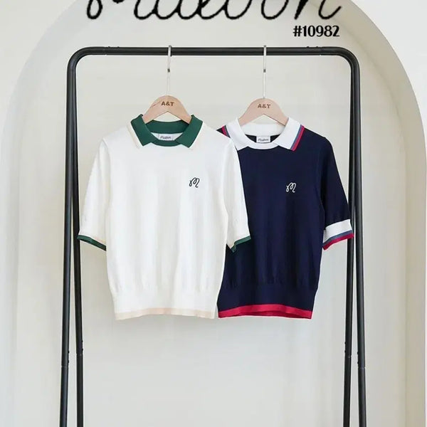 [BUNJANG] Malbon Women's Color-Blocked Collar T-Shirt / 말본 여성 오픈 배색 카라티셔츠