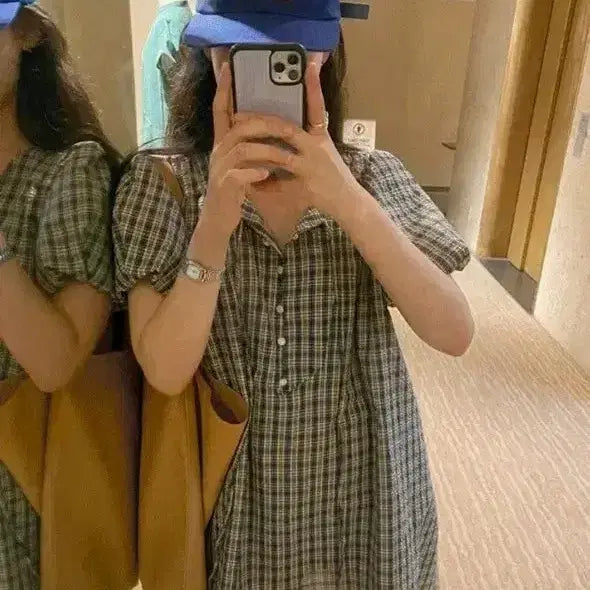 [BUNJANG] Spring Comma Seersucker Check Mini Dress Navy Long Size / 스프링콤마 시어서커체크미니원피스