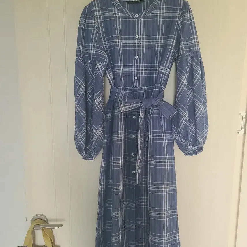 [BUNJANG] ZARA Blue Check Long Dress with Waist Belt Strap / 여성 자라 ZARA 블루 체크 롱원피스 m 허리벨트 스트랩 / 폴로 타미