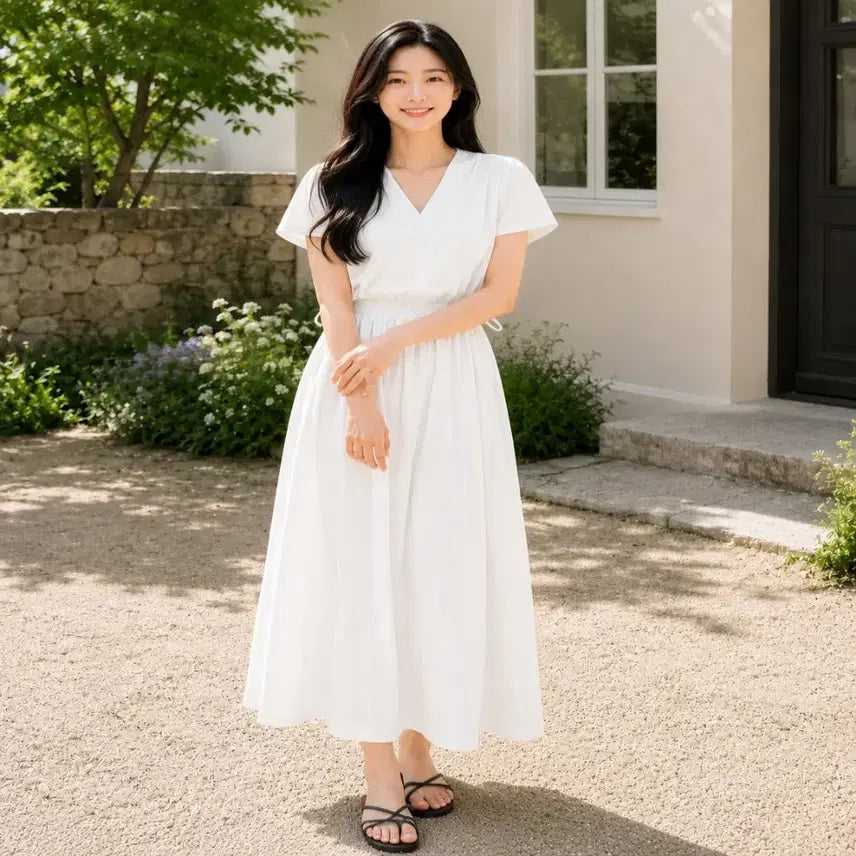 [BUNJANG] String V-Neck Short Sleeve Long Dress / 스트링 브이넥 반팔 롱 원피스 A라인 허리끈 조절 데이트룩 하객룩