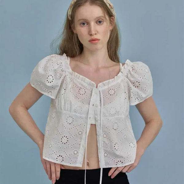 [BUNJANG] Without Summer Square Neck Puff Crop Frill Blouse / 위드아웃썸머 펀칭 프롬 블라우스 스퀘어넥 퍼프 크롭 프릴 셔츠