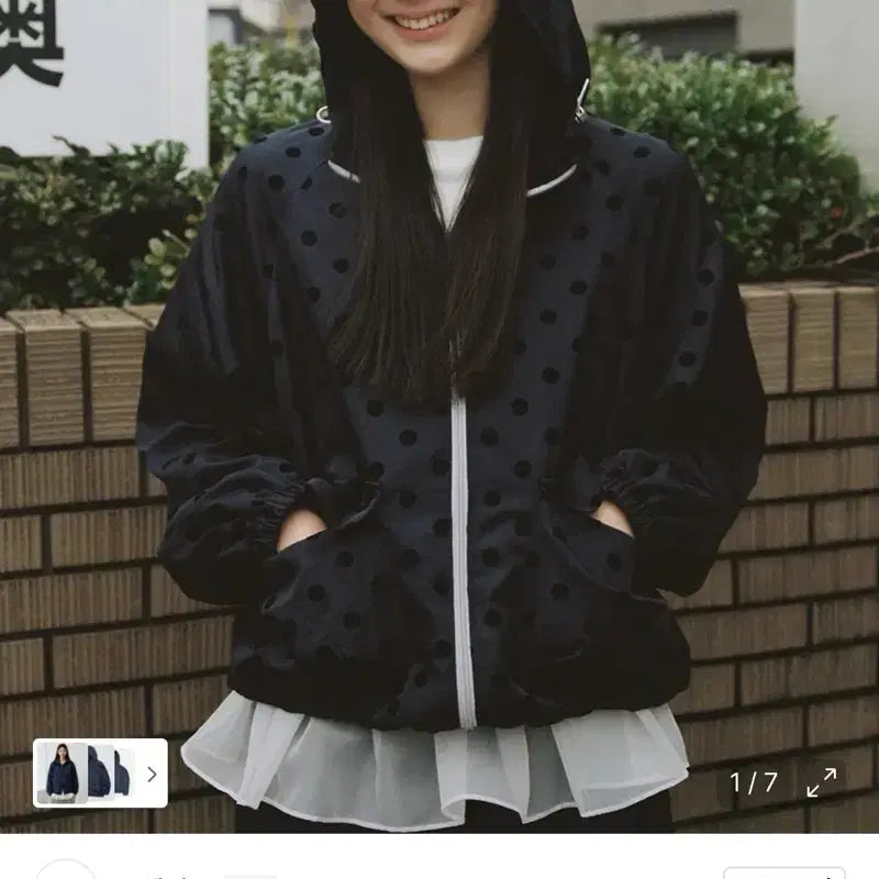 [BUNJANG] OHEHSIS Polka Dot Frill Hood Windbreaker Jumper Navy / 오헤시오 도트 프릴 후드 바람막이 점퍼 네이비