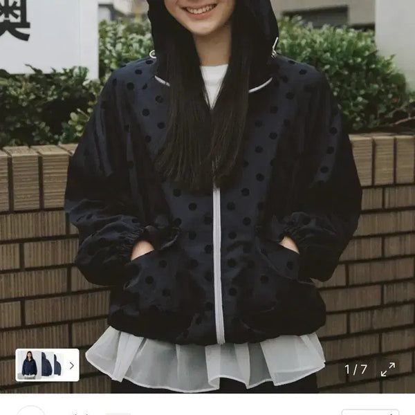 [BUNJANG] OHEHSIS Polka Dot Frill Hood Windbreaker Jumper Navy / 오헤시오 도트 프릴 후드 바람막이 점퍼 네이비