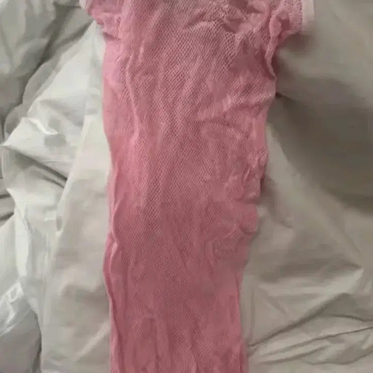 [BUNJANG] Pink Mesh Midi Dress with Lace and Ribbon Detail / 핑크색 망사 원피스