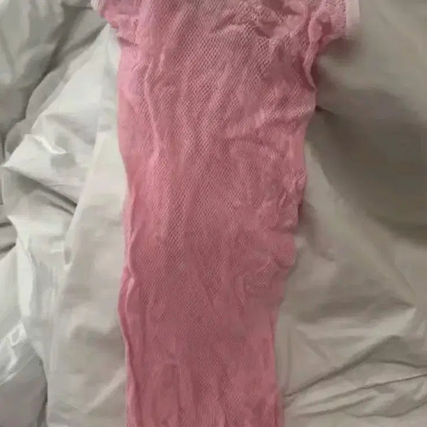 [BUNJANG] Pink Mesh Midi Dress with Lace and Ribbon Detail / 핑크색 망사 원피스