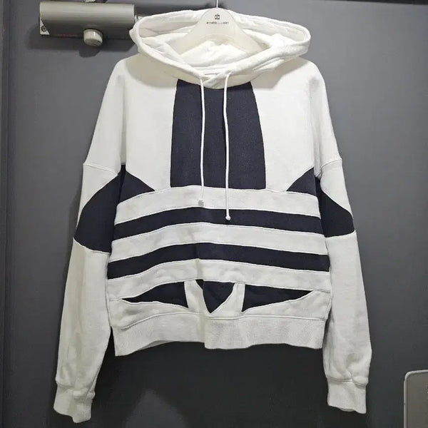 [BUNJANG] Adidas Cropped Cotton Hoodie T-Shirt Black White / 아디다스 크롭 후드 코튼 티셔츠 블랙 화이트