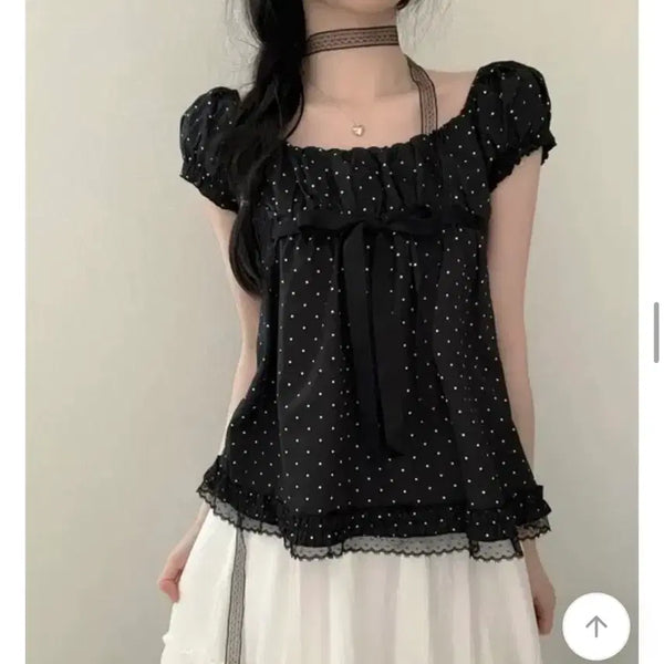 [BUNJANG] Avely Dot Ribbon Frill Lace Short Sleeve Blouse / 에이블리(타이세트)도트 리본프릴 레이스 반팔블라우스