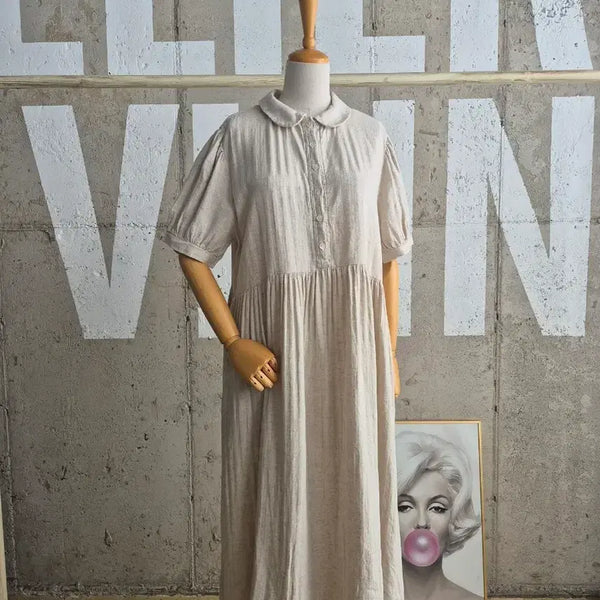 [BUNJANG] Linen Blend Shirring Loose Fit Long Dress / 고퀄)린넨혼방 셔링 루즈핏 롱원피스
