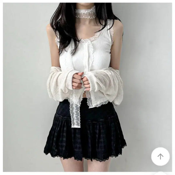 [BUNJANG] Ribbed Sleeveless Knit Set with Scarf and Lace Tie / 머플러 레이스 타이세트 스카프 골지 나시 슬리브리스