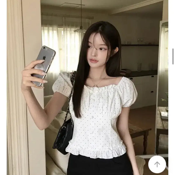 [BUNJANG] Polka Dot Short Sleeve Frill Puff Blouse / 도트 땡땡이 반팔 프릴 퍼프블라우스