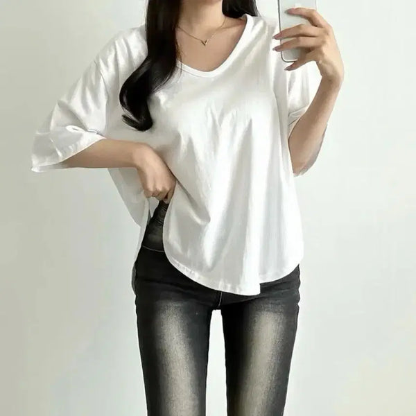 [BUNJANG] V Neck Loose Fit Short Sleeve T-Shirt (Plus Size/Maternity Friendly) / 새상품 브이 패드 루즈핏 반팔 티셔츠 빅사이즈 임부복 가능 55-88
