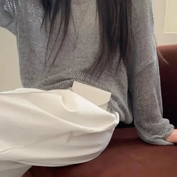 [BUNJANG] Boat Neck Loose Fit Net Knit - Grey / 보트넥 루즈핏 그물 니트 그레이