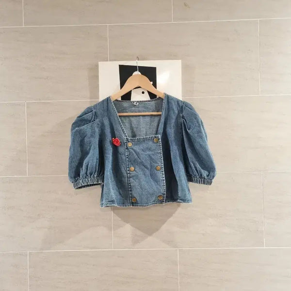 [BUNJANG] Blue Denim Volume Puff Sleeve Blouse / 청 데님 볼륨 큐티블랏