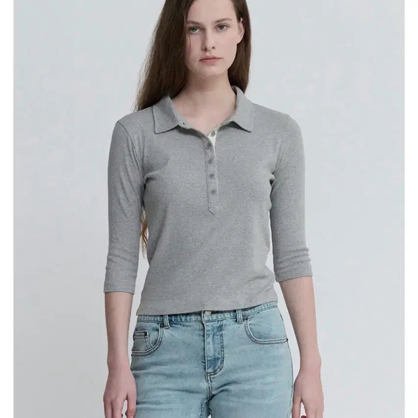 [BUNJANG] Aetoa 3/4 Sleeve Polo Top - Grey / Aetoa 3/4 소매 폴로 탑 그레이(택있는 새상품)