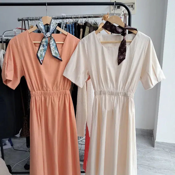 [BUNJANG] Button-Up Dress with Scarf Set (Beige, Coral) / 허리트임 원피스 (베이지, 코랄) 스카프 포함