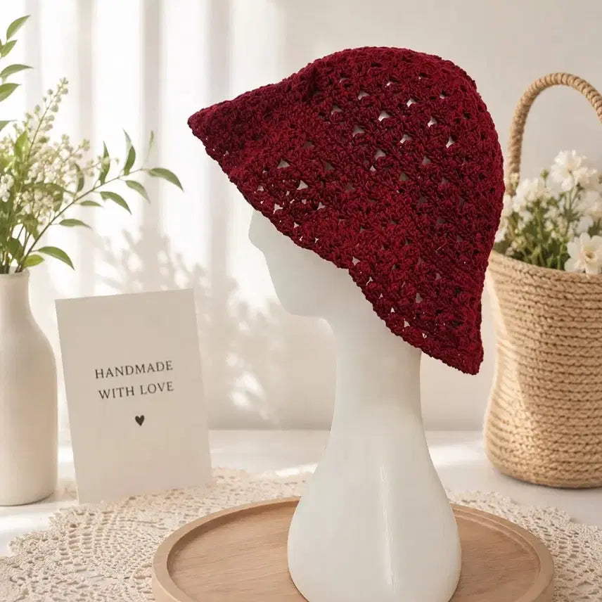 [BUNJANG] Handmade Knit Heart Bucket Hat (Burgundy) / 핸드메이드 하트 뜨개 모자 버킷햇 (버건디)